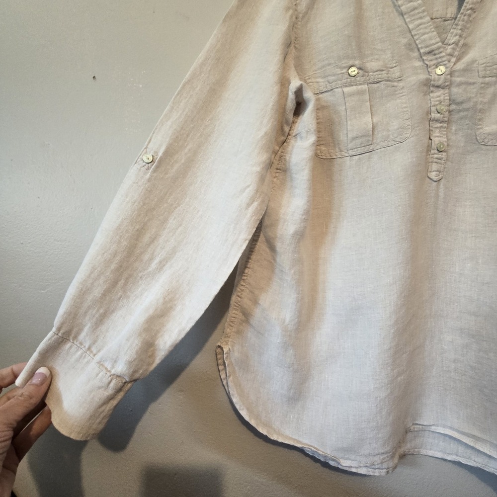 Talbots Linen Blouse Popover Top Shirt Women's L Beige Resort Summer Neutral - Picture 2 of 10
